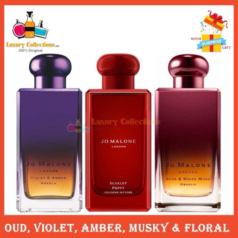 % Jo Malone London Scarlet Poppy Intense  / Violet & Amber Absolu / Rose & White Musk Absolu 100ml for Men & Women