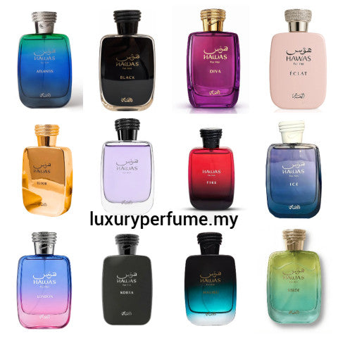 Original Hawas Edition Ice/Fire/Black/Kobra/Malibu/London/Verde/Elixir/Tropical/Atlantis/Diva/Eclat 100ml By Rasasi