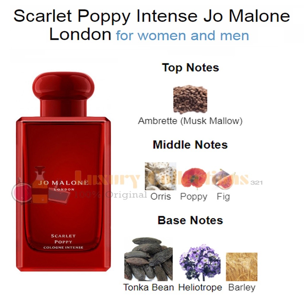 % Jo Malone London Scarlet Poppy Intense  / Violet & Amber Absolu / Rose & White Musk Absolu 100ml for Men & Women